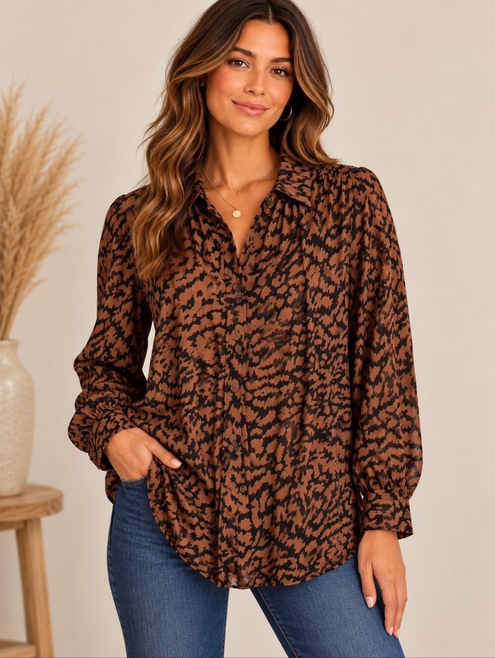 Jodifl Brown Black Animal Print Button Front Blouse Boho Top Size 1X 810654-PLUS